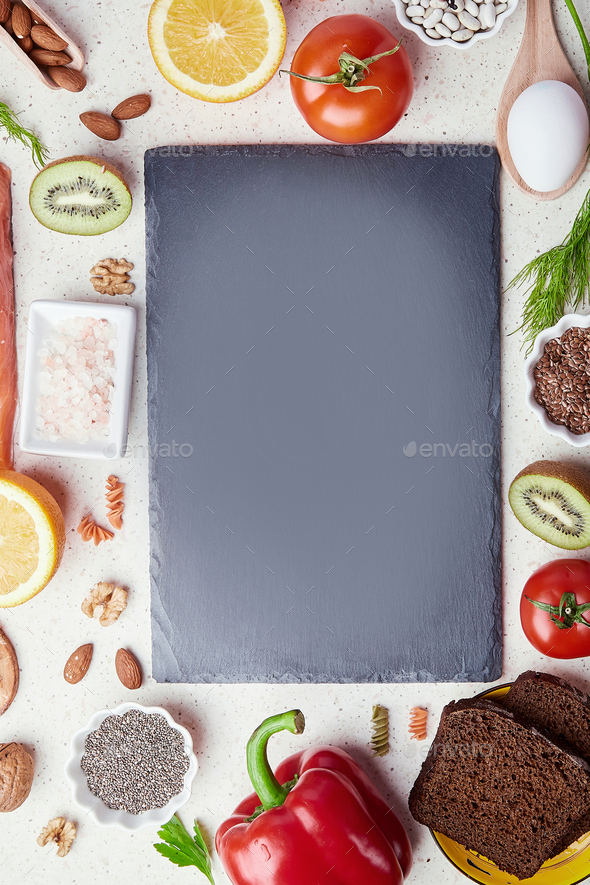 Healthy low fodmap ingredients vegetables, fruits, nuts, greens